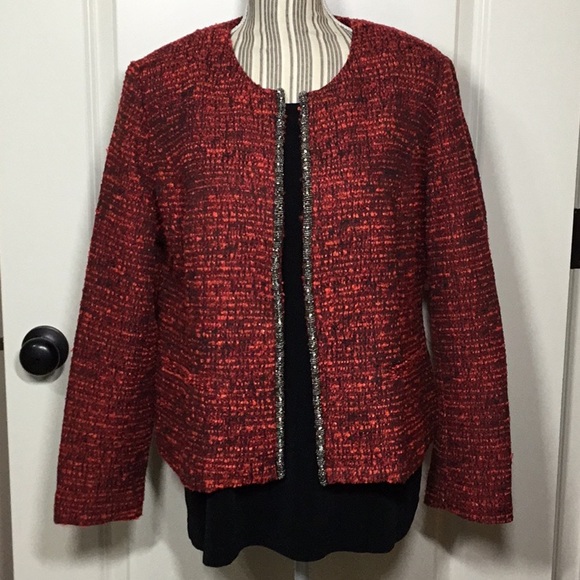 Chico's Jackets & Blazers - Chico’s Red Tweed Boucle Open Front Jacket